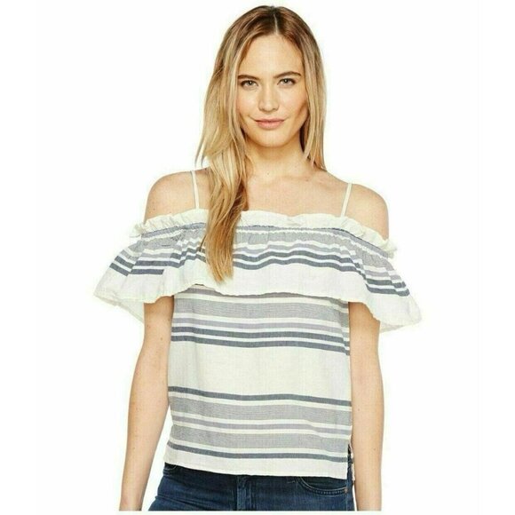Splendid Cold Off Shoulder Blouse Large XL Striped Navy Ivory Ruffle Top Peasant - Picture 11 of 12